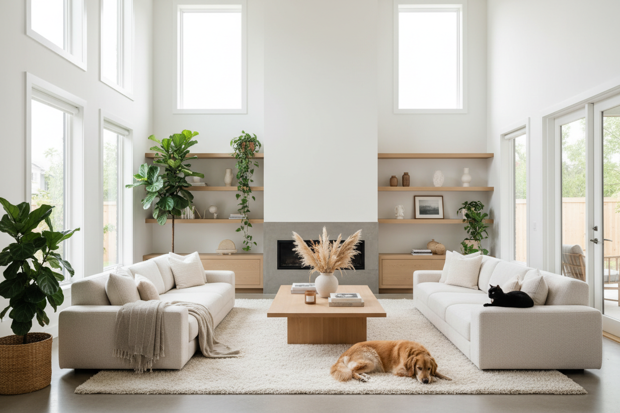 specious living room with Dog and a cat 